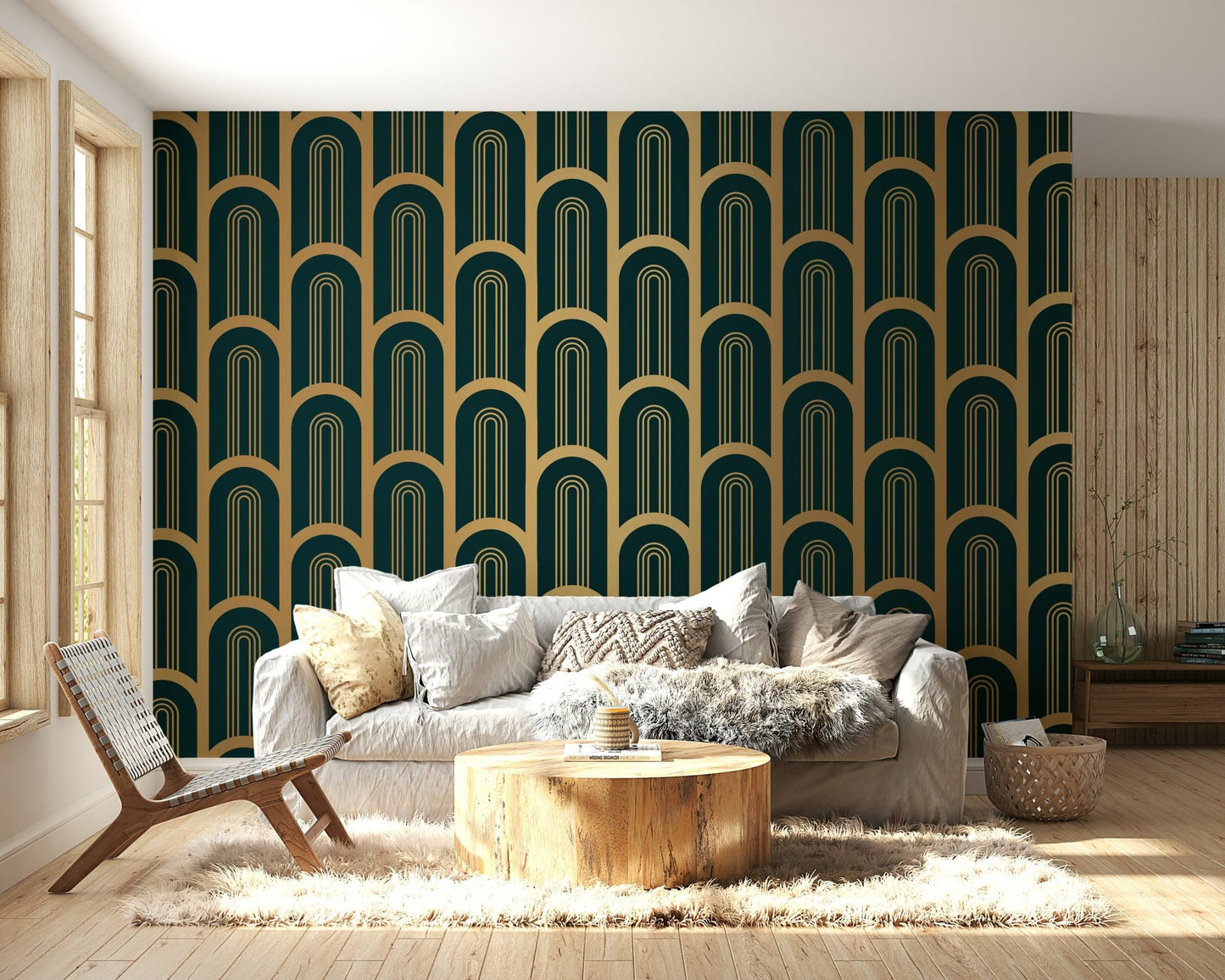 Elegant Art Deco wall mural with gold and cyan colors

