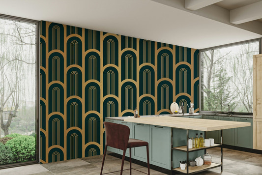 Art Deco Luxury Cyan and Gold Columns Wall Mural with geometric patterns

