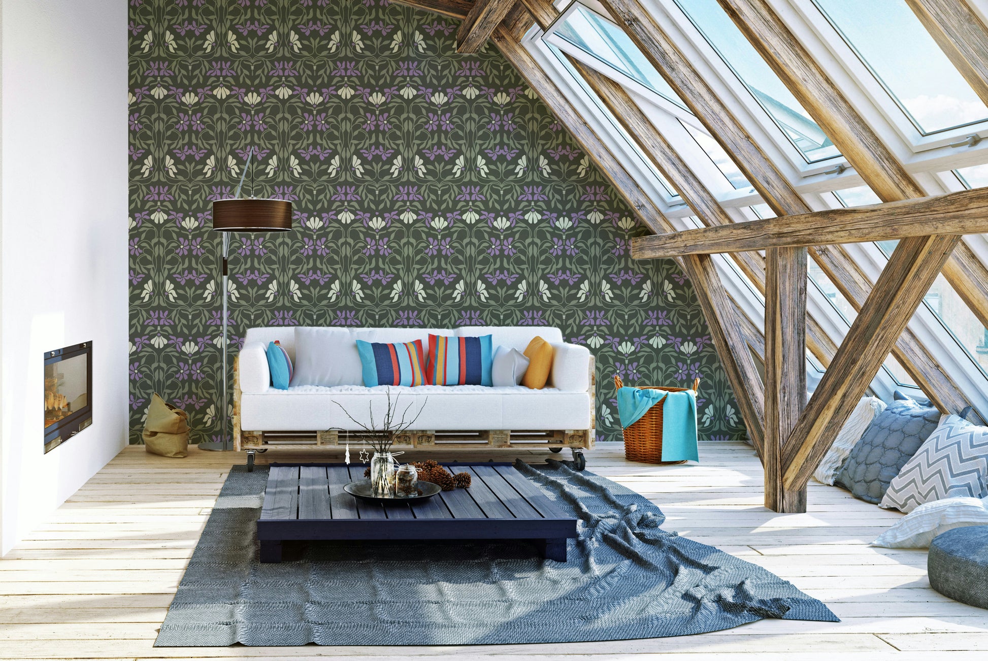 Curvy floral wallpaper inspired by Art Nouveau style

