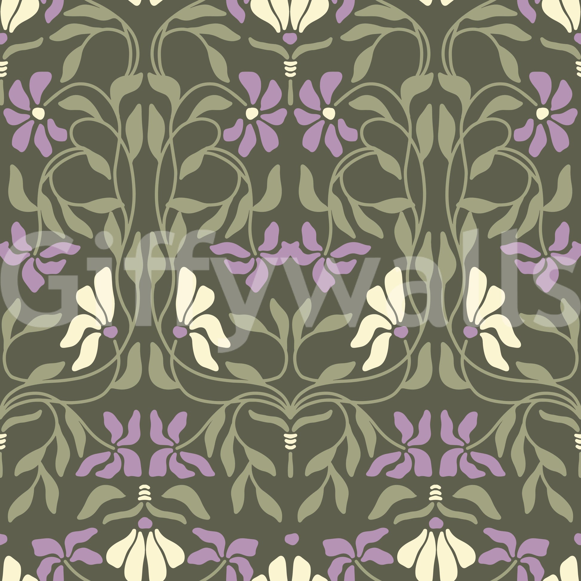 Art Nouveau Bloom wallpaper close-up showing the pattern detail of lilac and cream flowers with sage leaves on olive green