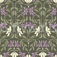 Art Nouveau Bloom wallpaper close-up showing the pattern detail of lilac and cream flowers with sage leaves on olive green