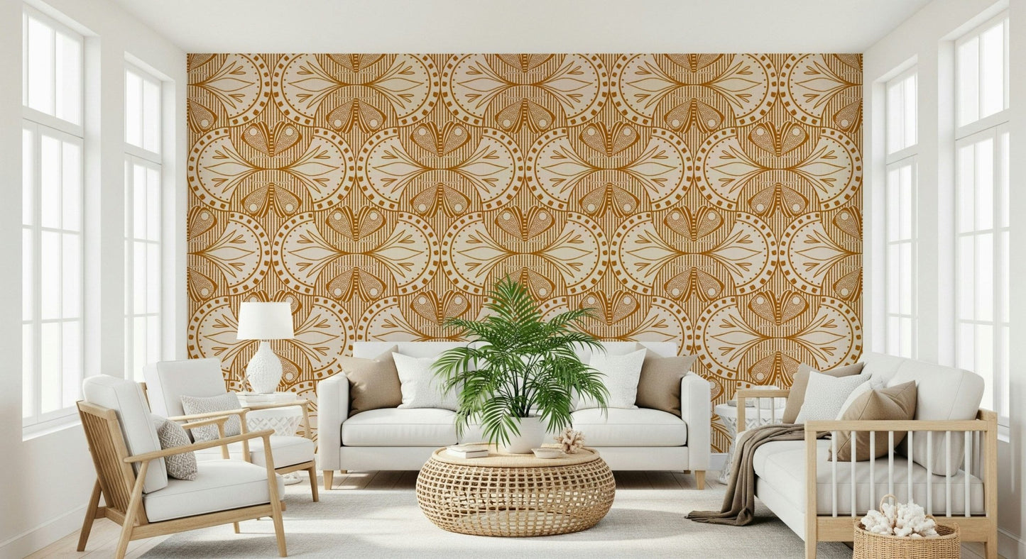 Orange Butterfly Floral wallpaper vintage style symmetrical wall covering.