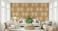 Orange Butterfly Floral wallpaper vintage style symmetrical wall covering.