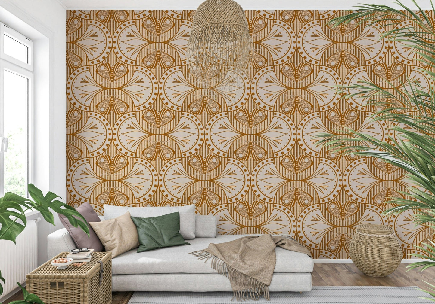 Delicate Art Nouveau wallpaper for walls with floral moth design.