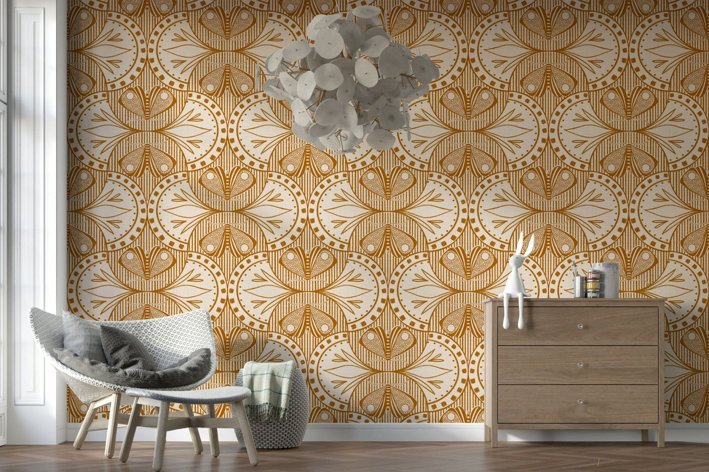Art Nouveau Butterfly Floral in Cream Burnt Orange wallpaper subtle pattern.