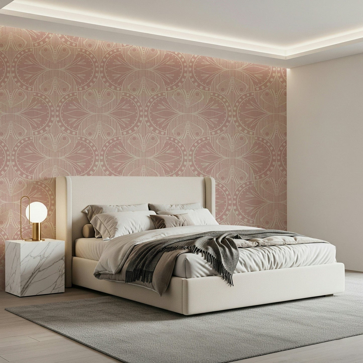 Symmetrical Art Nouveau floral and insect wallpaper mural aesthetic.