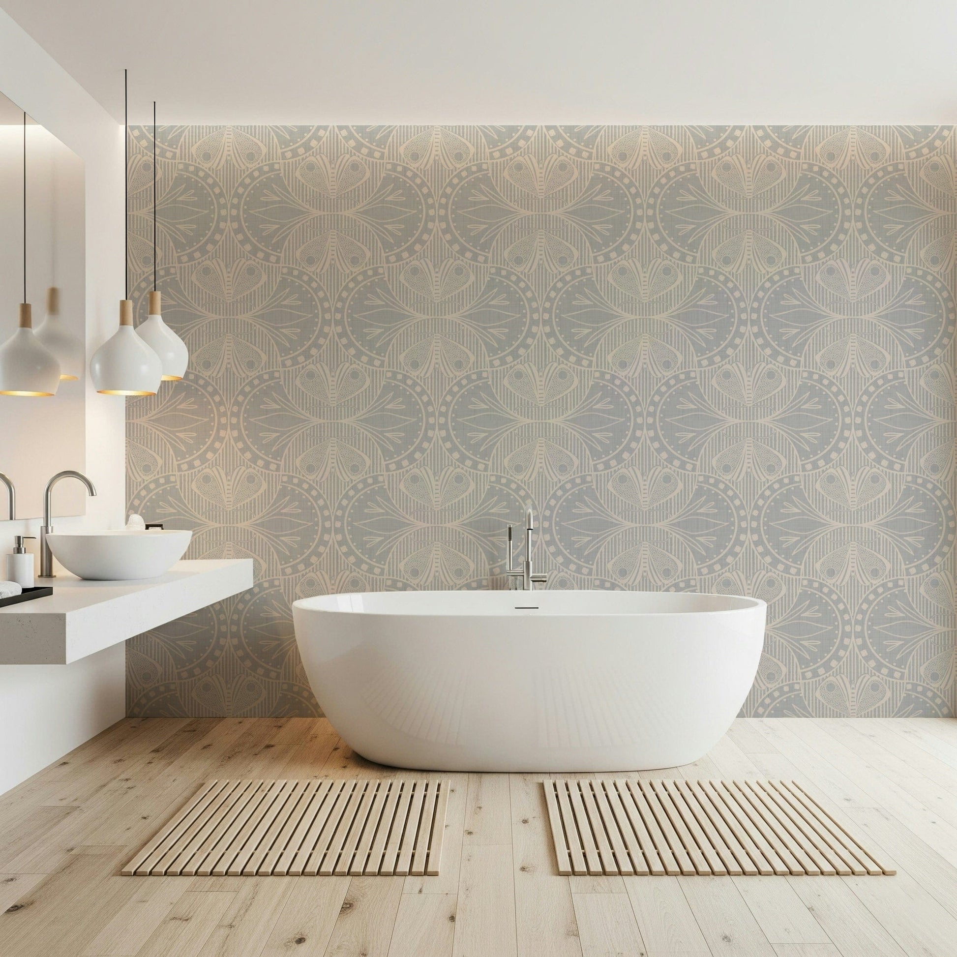 Stylized moth illustration wall mural, muted slate hue, sophisticated printing.
