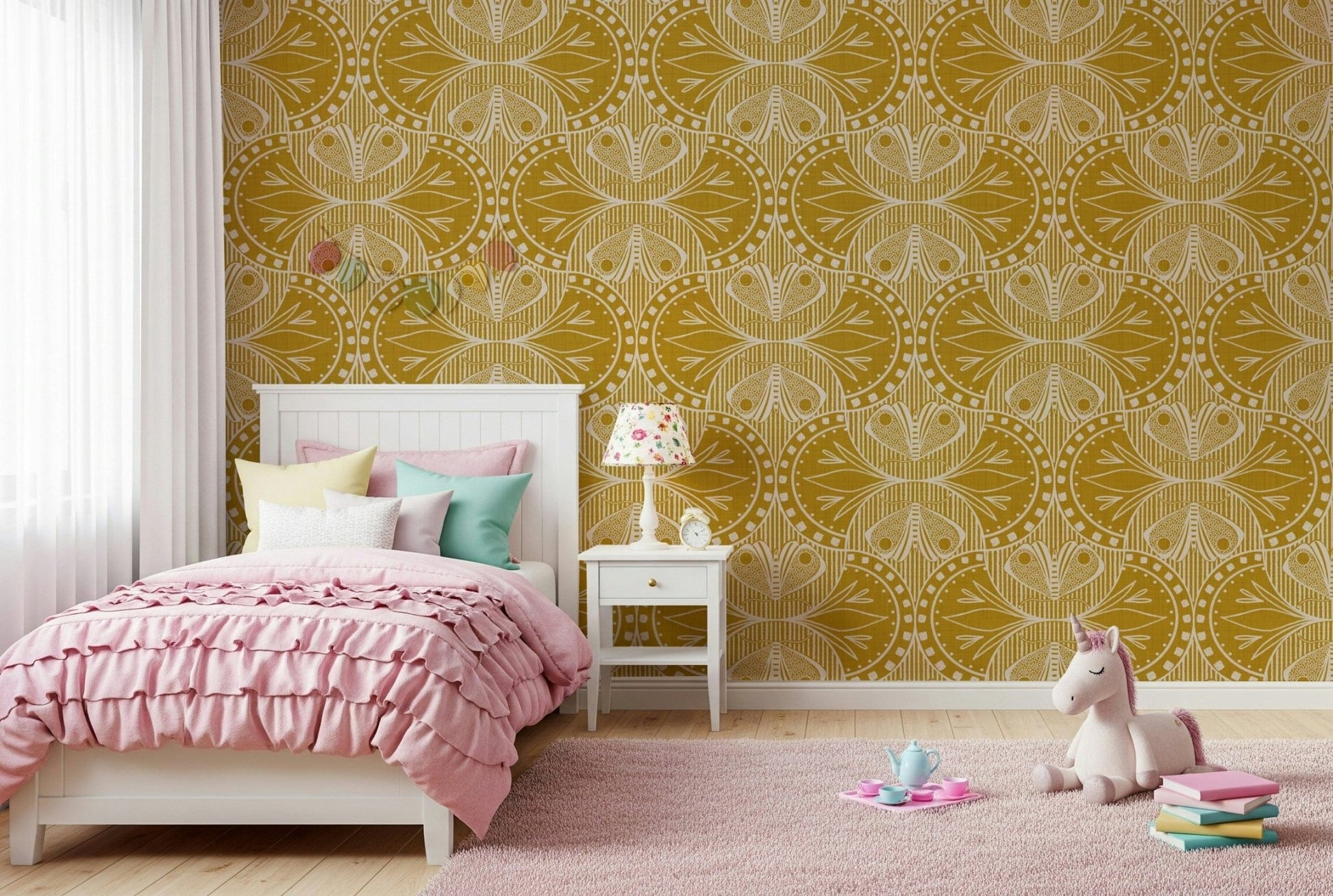 Art Nouveau Butterfly Floral Mustard Gold, recurring motif, interior styling element.