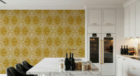 Ornate winged bug pattern wallpaper, bright goldenrod ground, detailed composition.