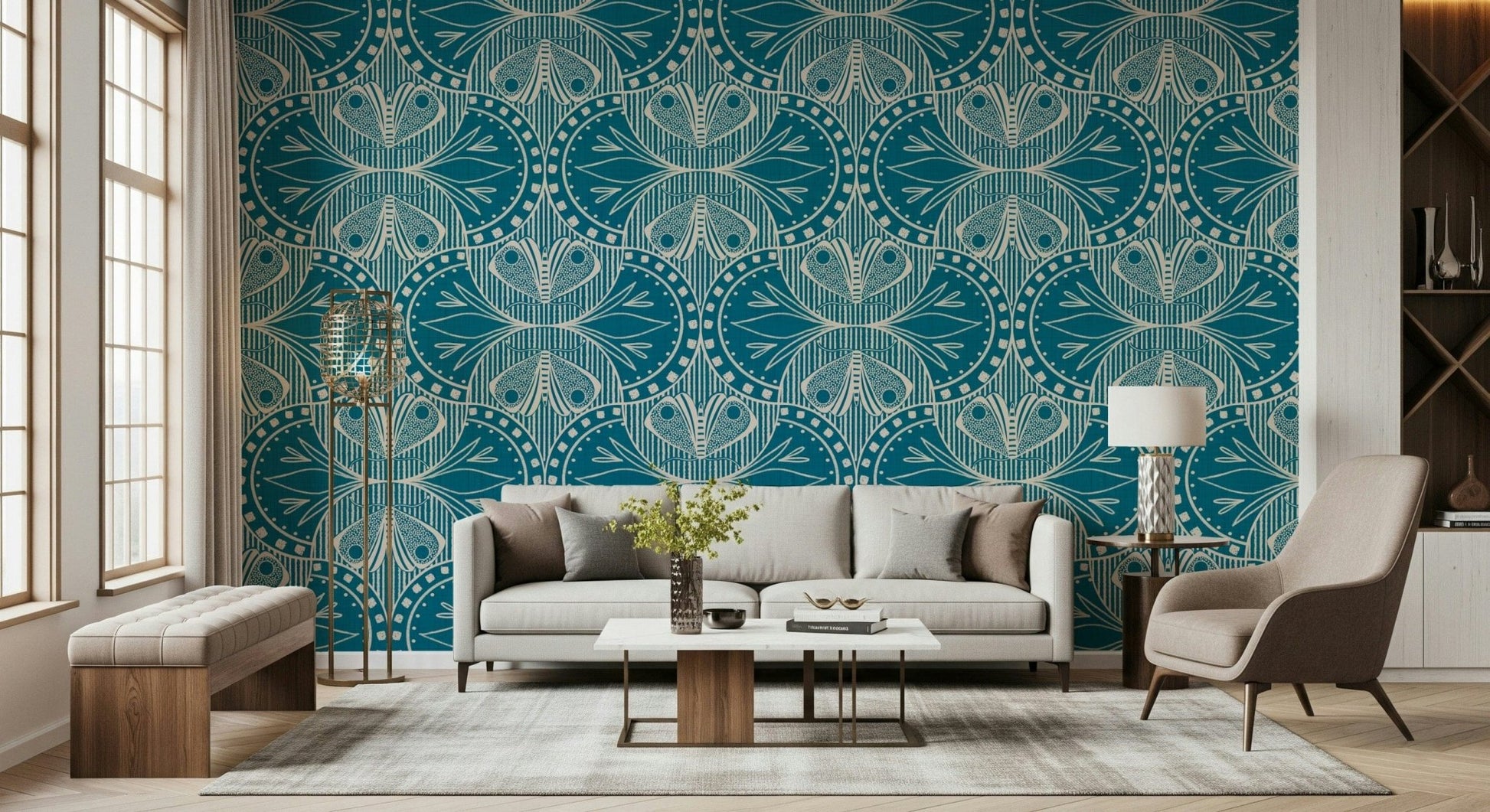 Art Nouveau Butterfly Floral Teal Blue wallpaper, elegant insect motif.