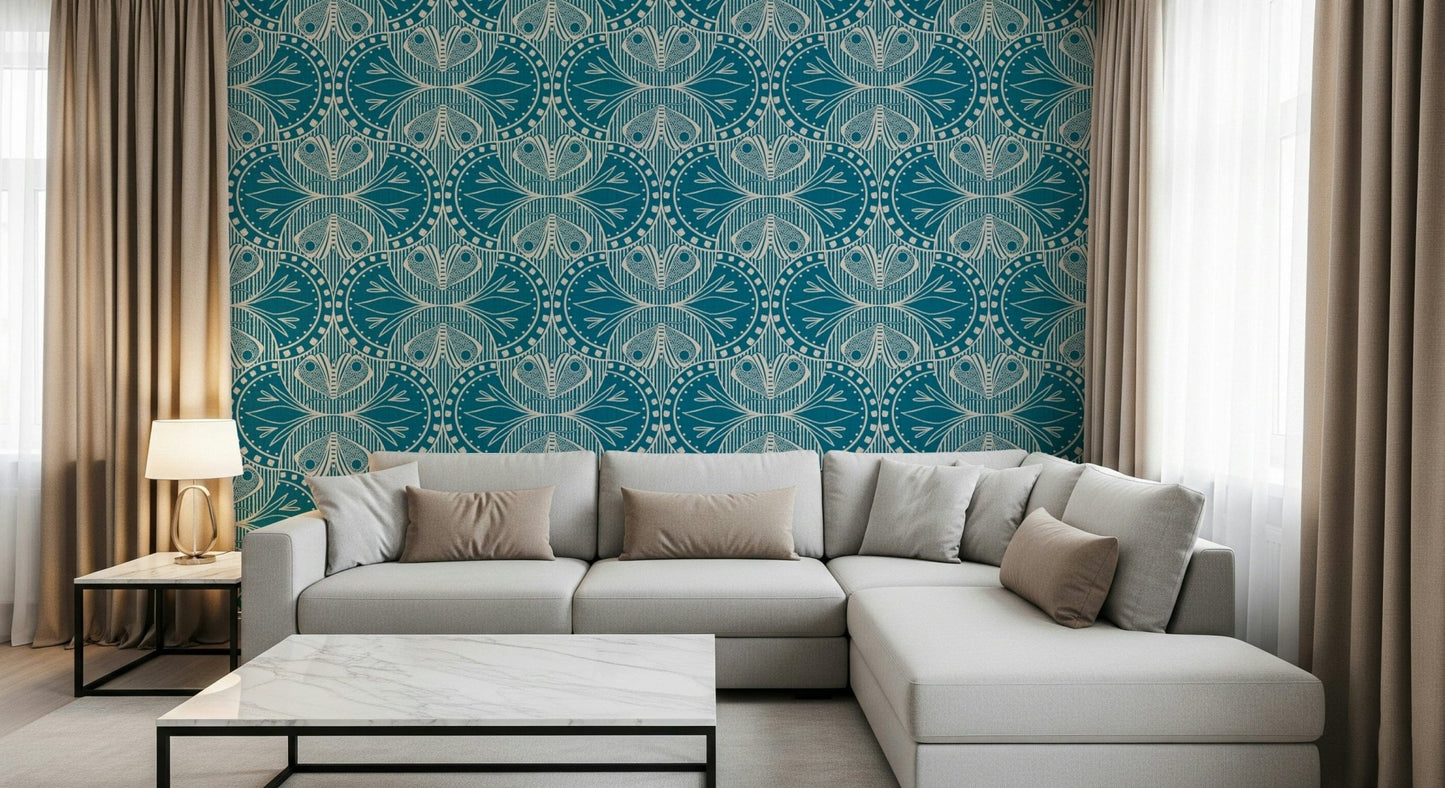 Ornate butterfly and plant design wallpaper, dark turquoise background.