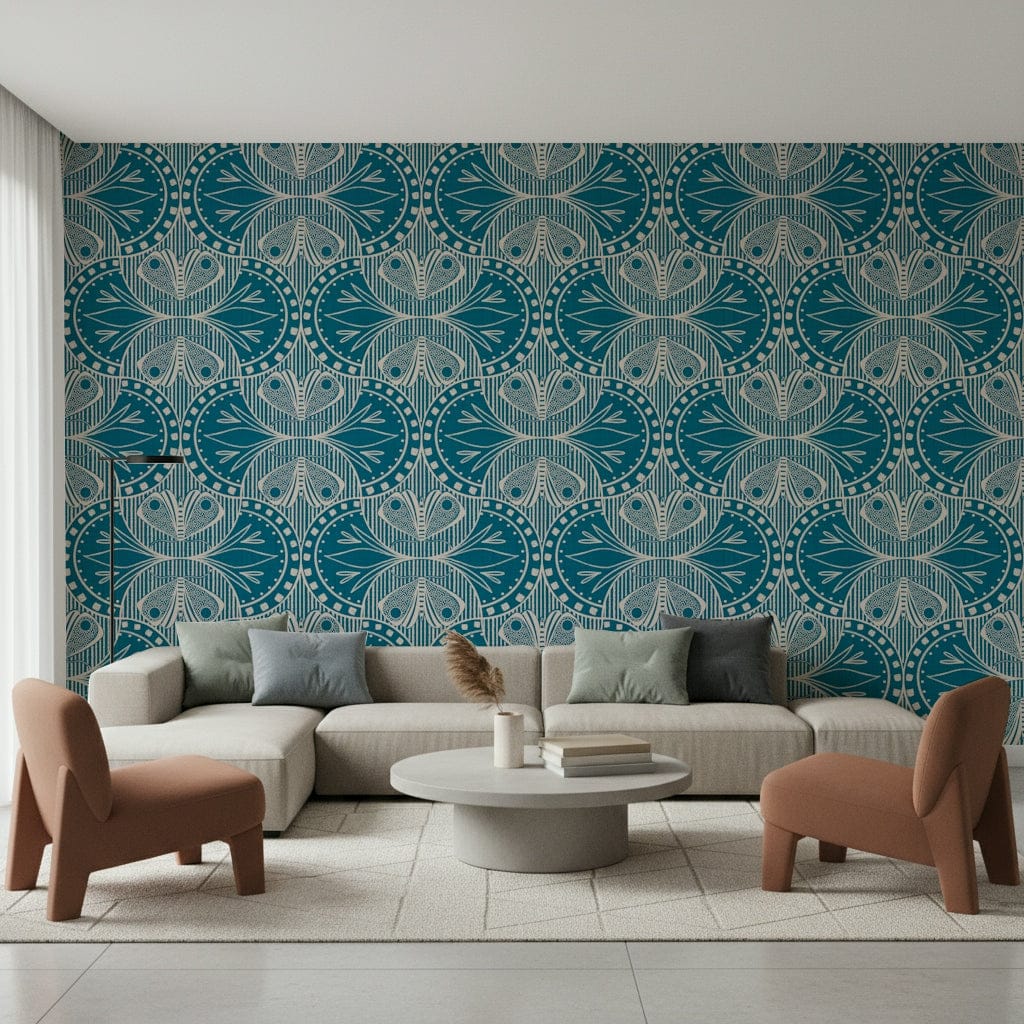 Art Nouveau Butterfly Floral Teal Blue, symmetrical repeat, interior accent.
