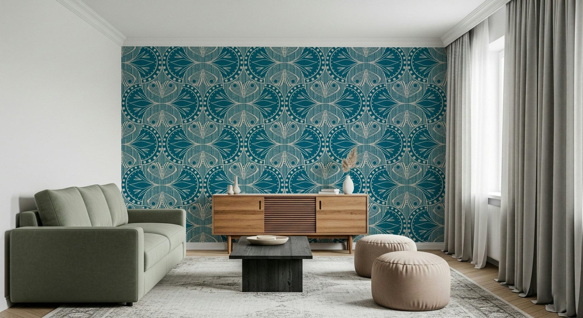 Art Nouveau Butterfly Floral, gorgeous wall mural, light beige graphic details.