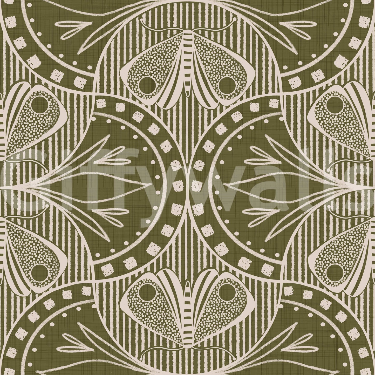 Artistic butterfly and vine wallpaper, curvilinear lines, striking sage hue.