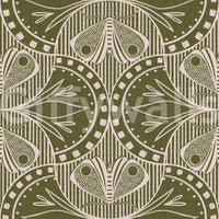Artistic butterfly and vine wallpaper, curvilinear lines, striking sage hue.