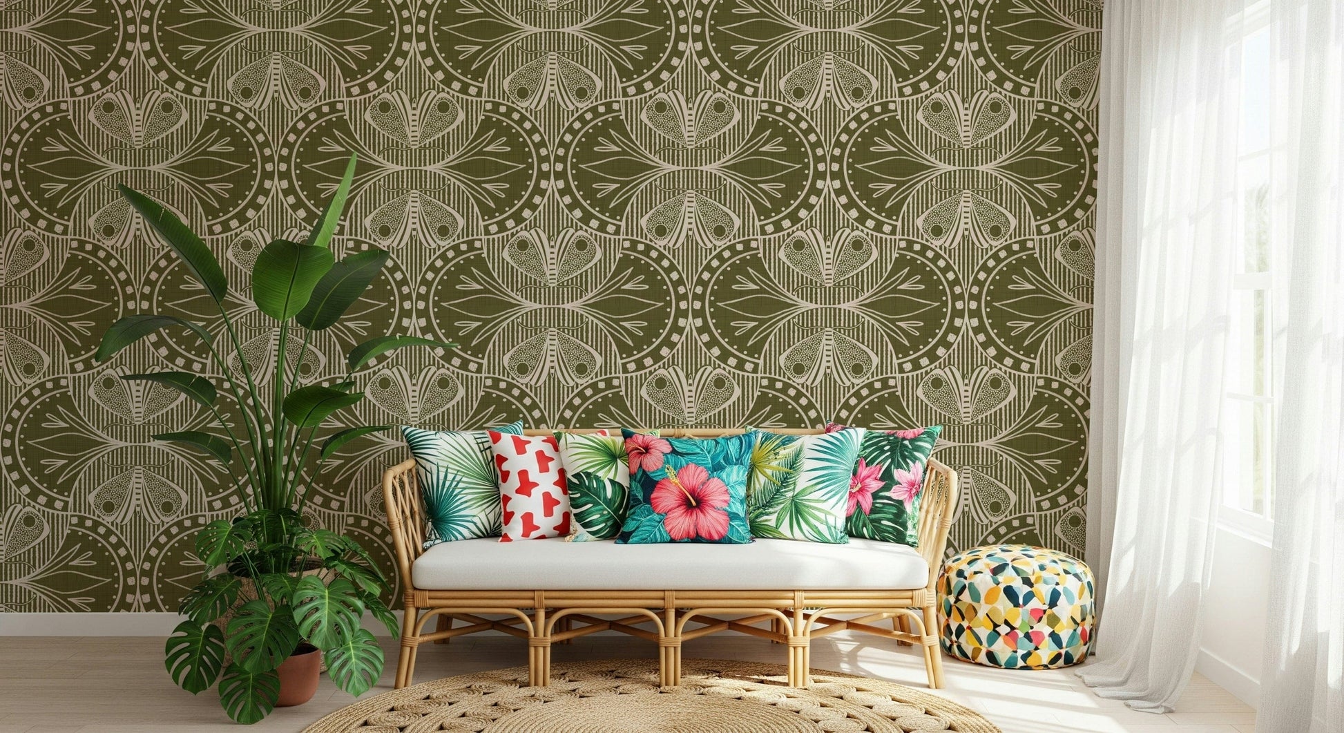Period style wallpaper for walls, graceful curving patterns, refined print.