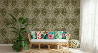 Period style wallpaper for walls, graceful curving patterns, refined print.