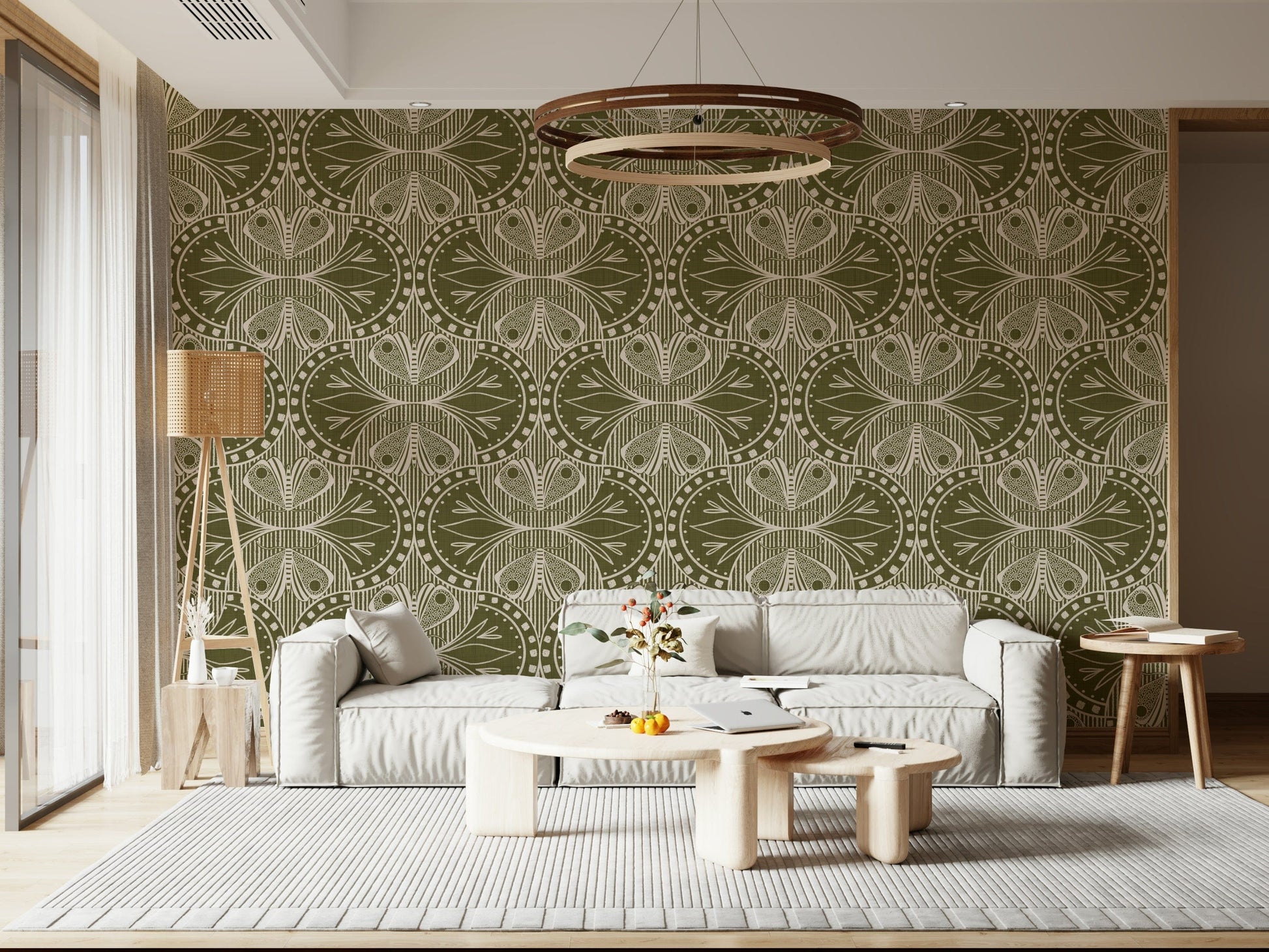 Art Nouveau Butterfly Floral in Olive Drab, decorative artistic style, opulent wallpaper.