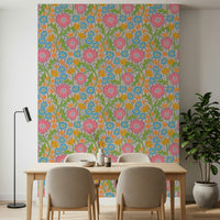 Deco Geometric wall mural, busy garden motif, pink and blue.