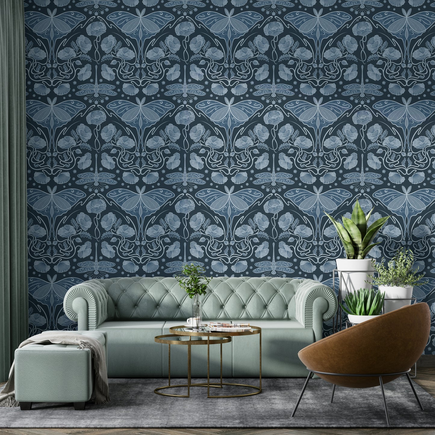 Statement wall design with blue flowers and moths

