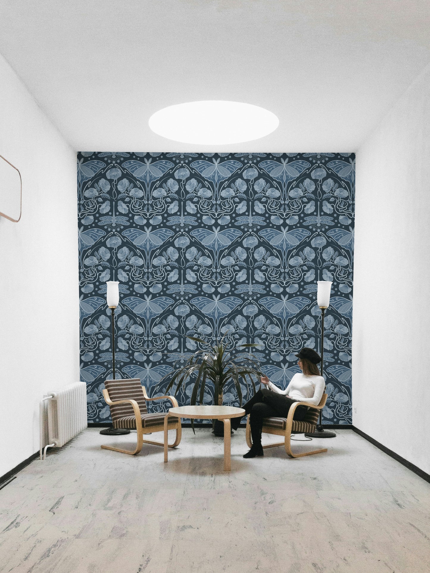Blue background wallpaper with botanical art

