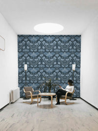 Blue background wallpaper with botanical art

