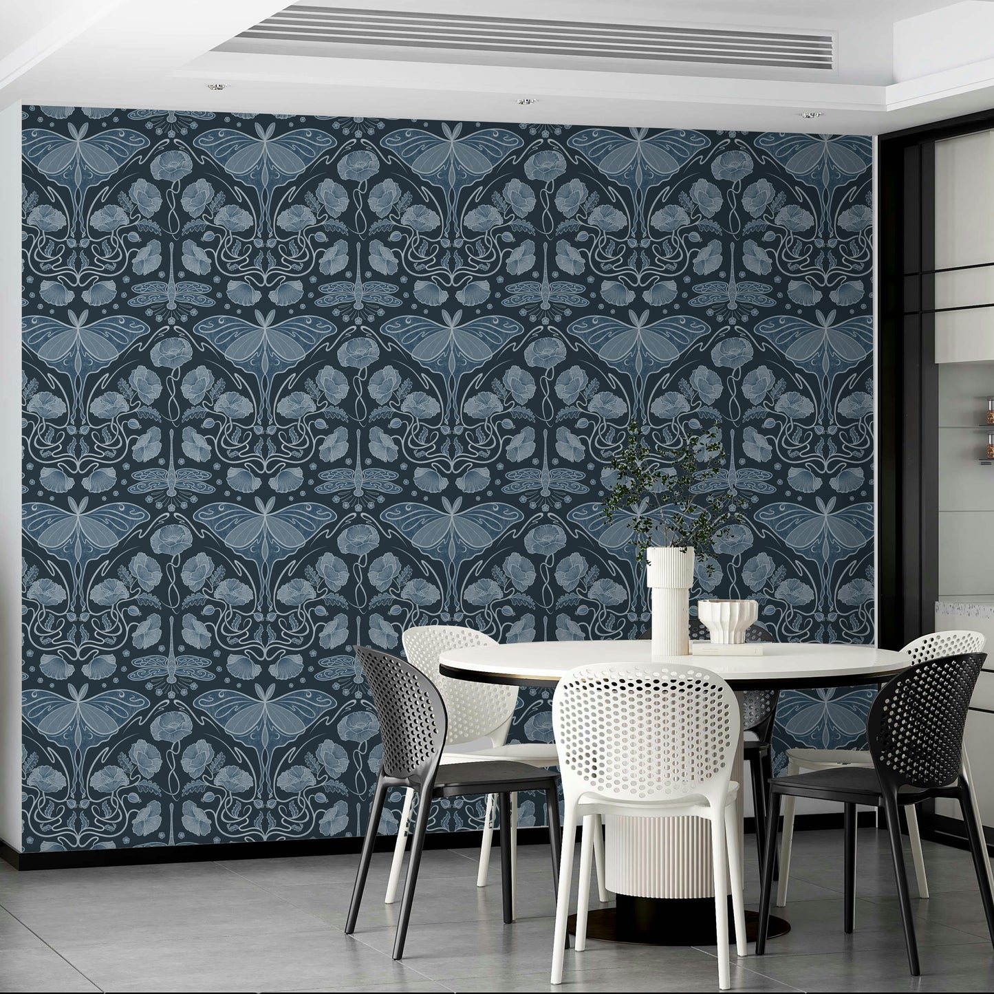 Elegant poppies and luna moth in soft blue

