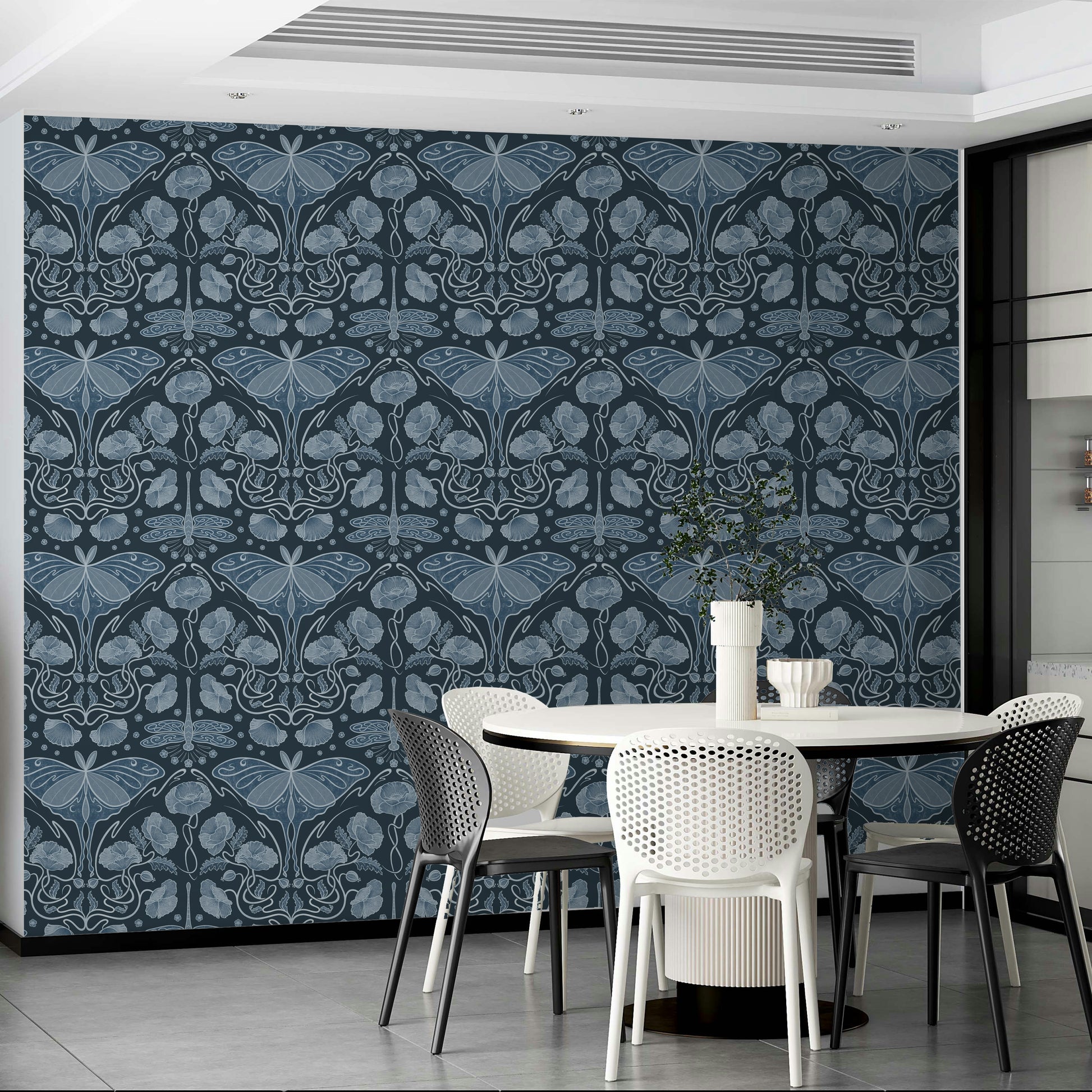 Elegant poppies and luna moth in soft blue

