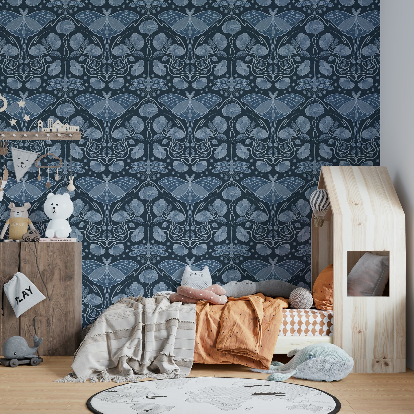 Vintage-style poppies and moths in blue tones

