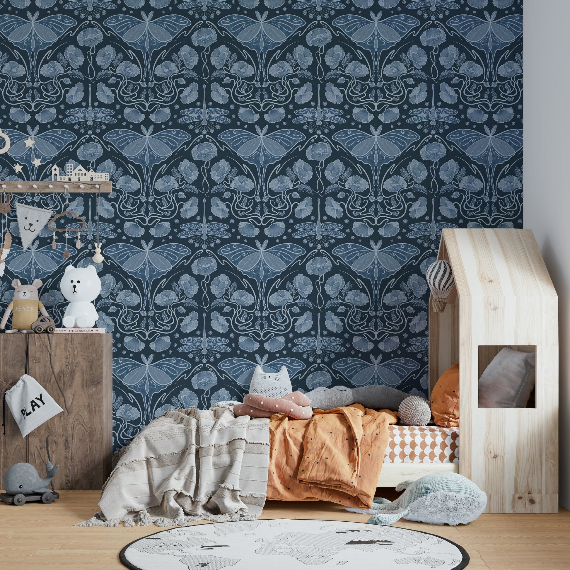 Vintage-style poppies and moths in blue tones

