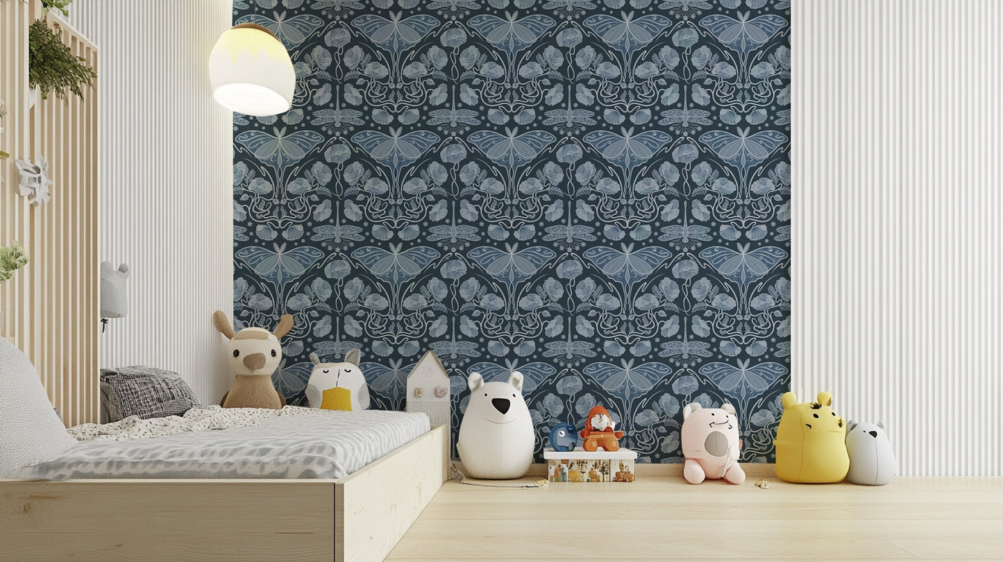Blue wallpaper featuring luna moth and florals

