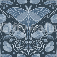Art Nouveau Poppies & Luna Moth Blue Wallpaper