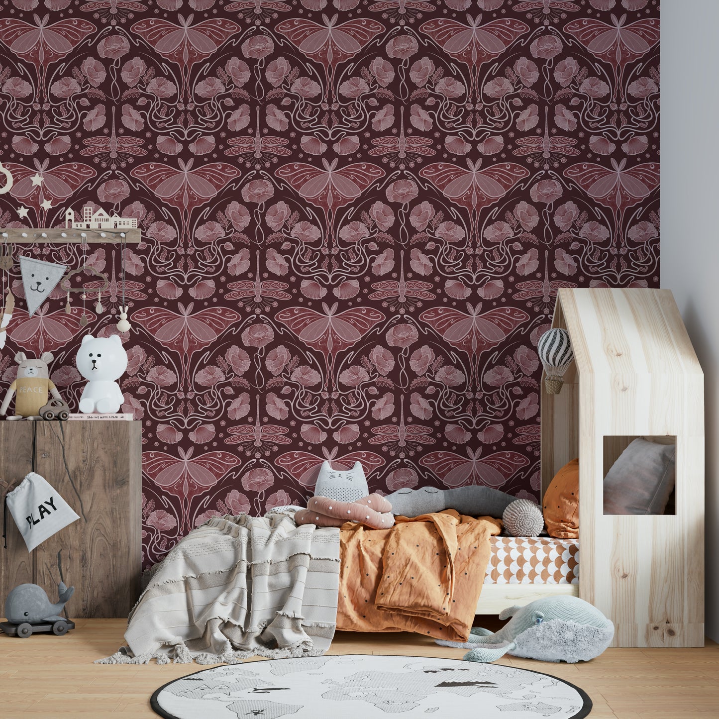 Statement wall mural with moth and poppy print

