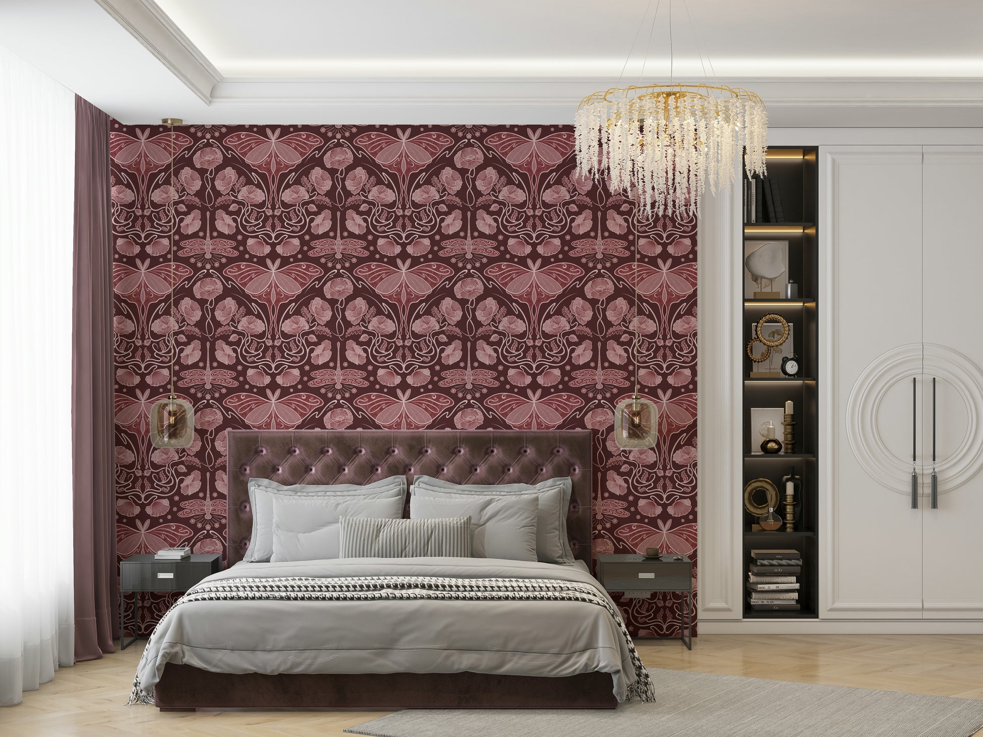 Elegant poppies and moths in vintage style

