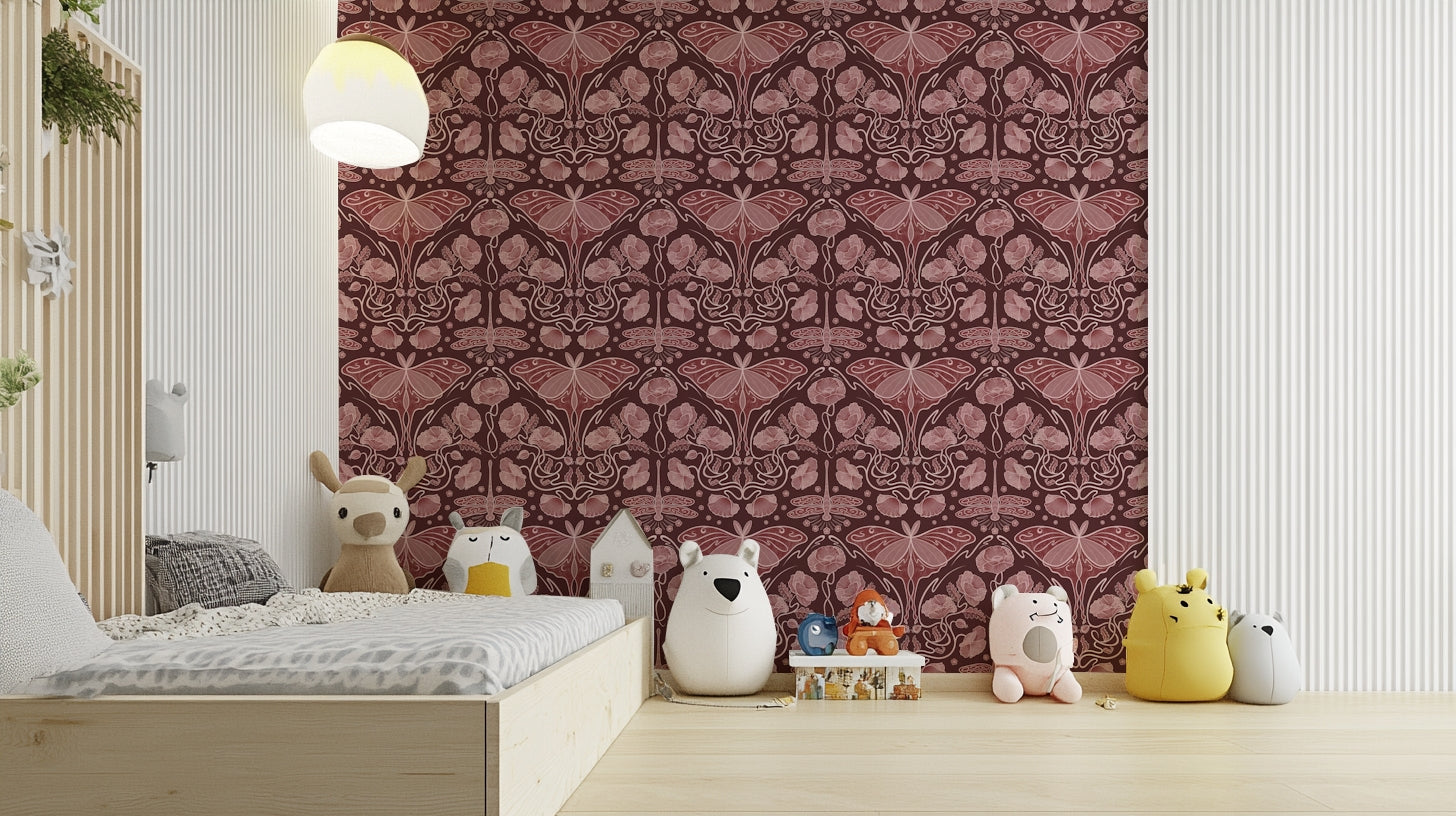 Luna moth and poppy design in rich red tones

