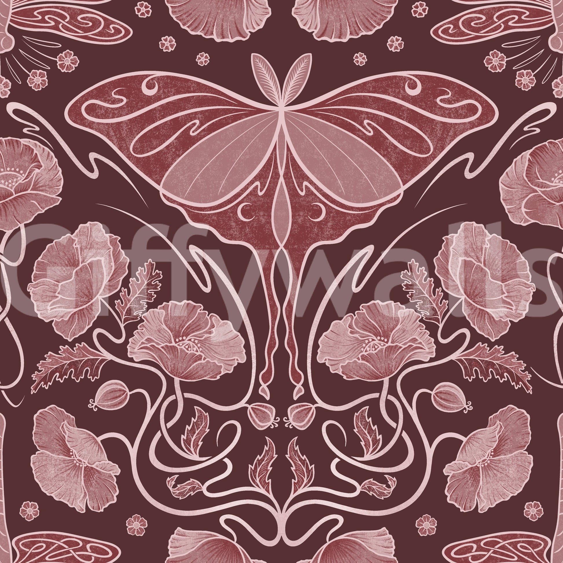 Art Nouveau Poppies and Luna Moth Crimson wallpaper close-up of pink luna moth and poppies on crimson background