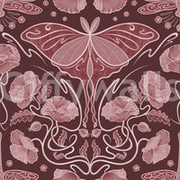 Art Nouveau Poppies and Luna Moth Crimson wallpaper close-up of pink luna moth and poppies on crimson background