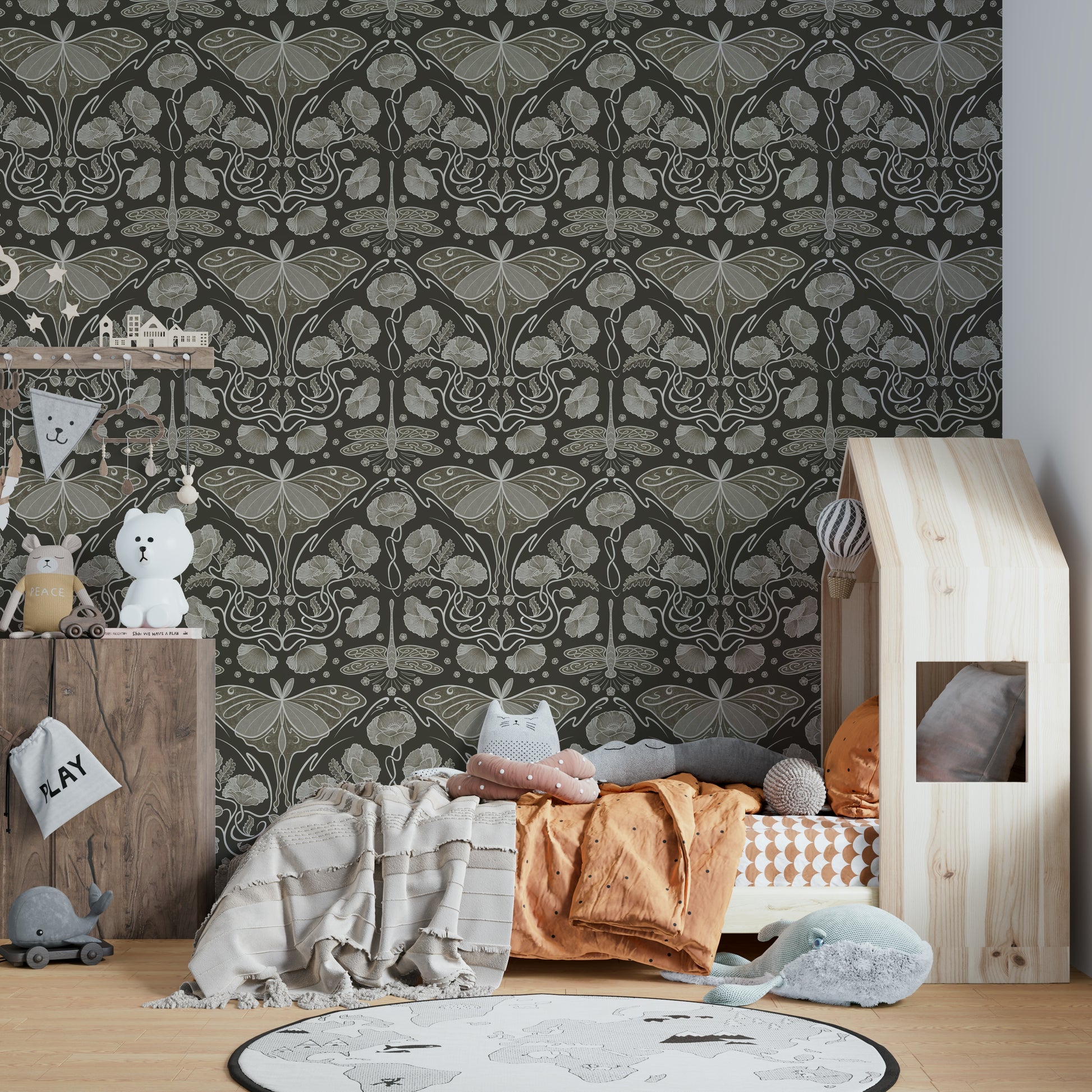 Decorative wallpaper with luna moth details

