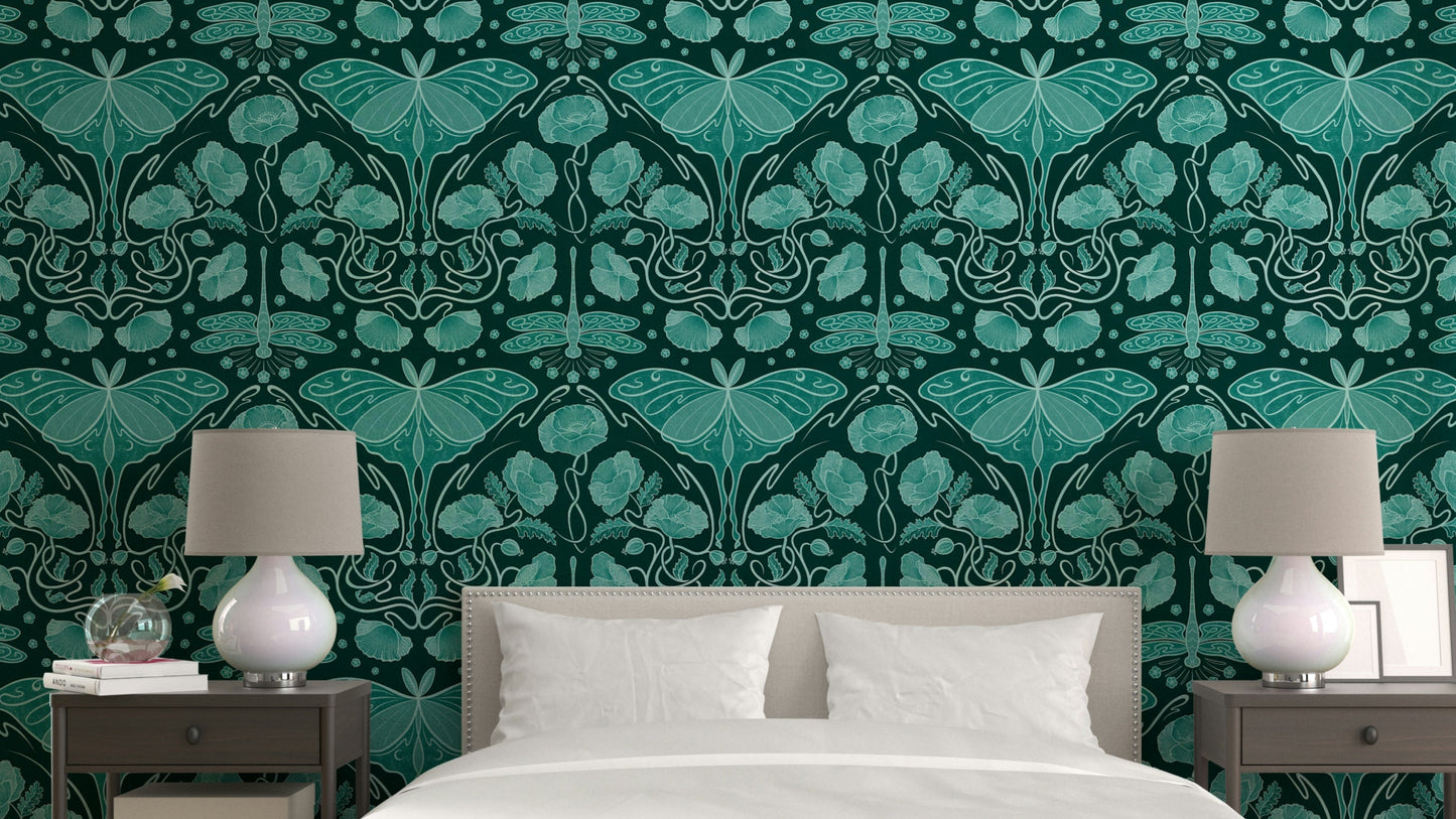 Art Nouveau teal wallpaper with poppies


