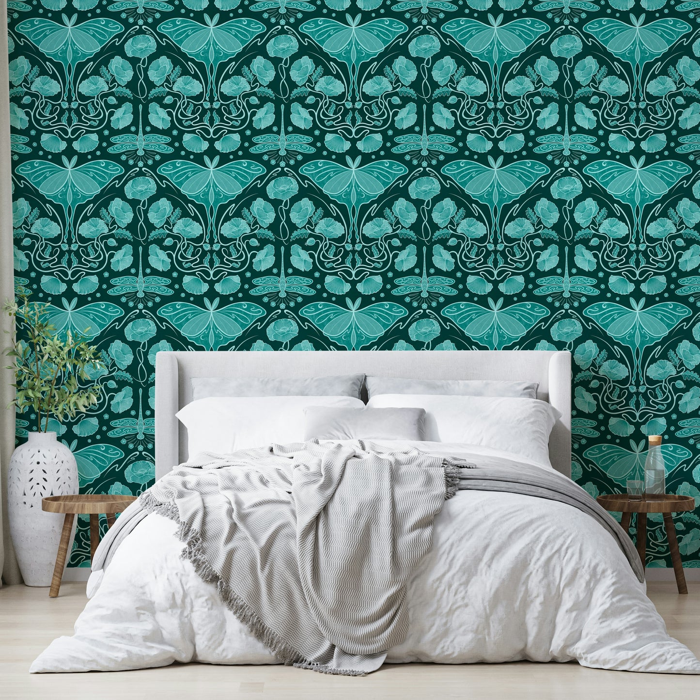 Statement wallpaper with teal Art Nouveau print

