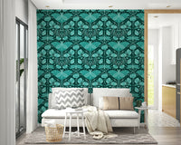 Nature-inspired teal mural with vintage motifs

