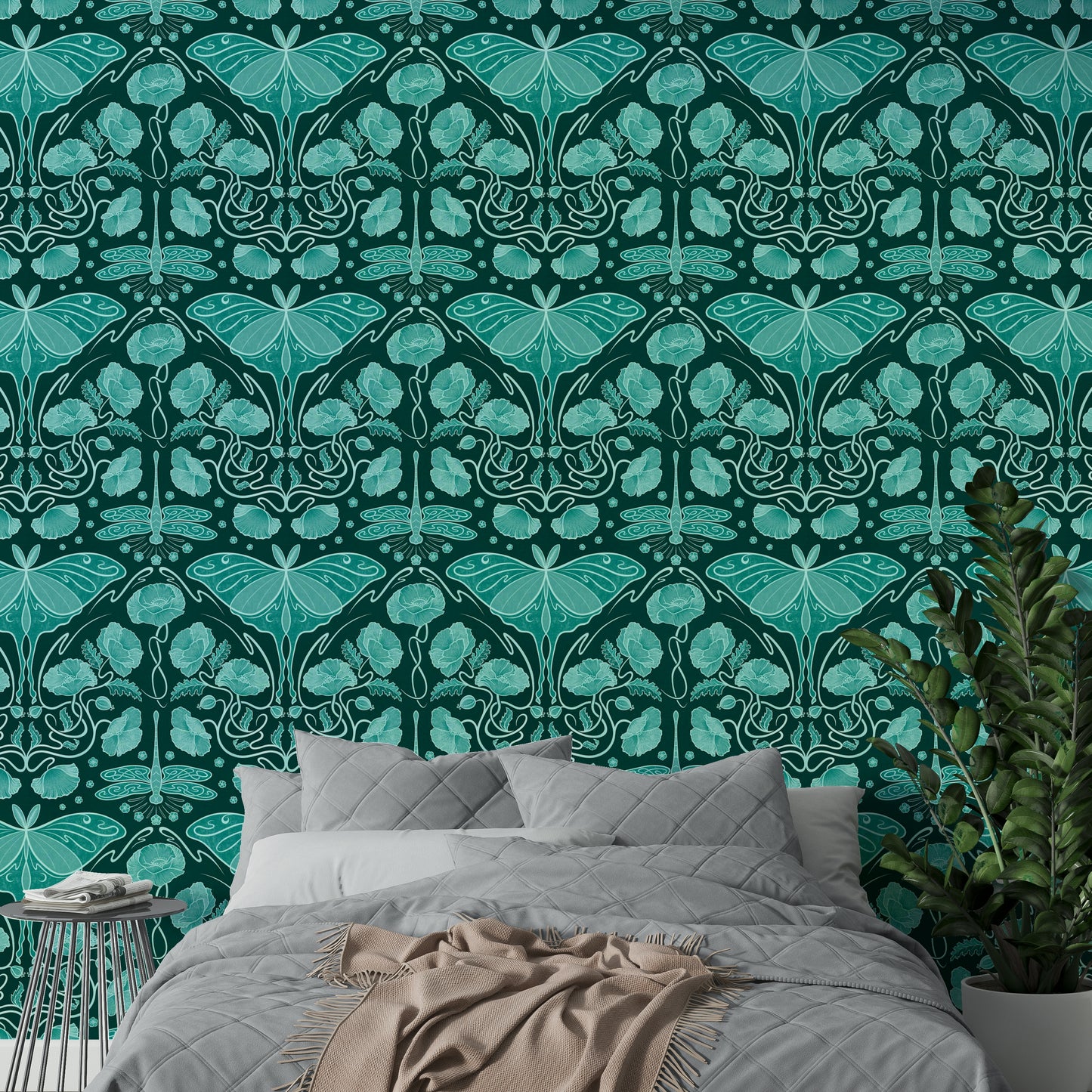Teal wall mural with luna moth and flowers


