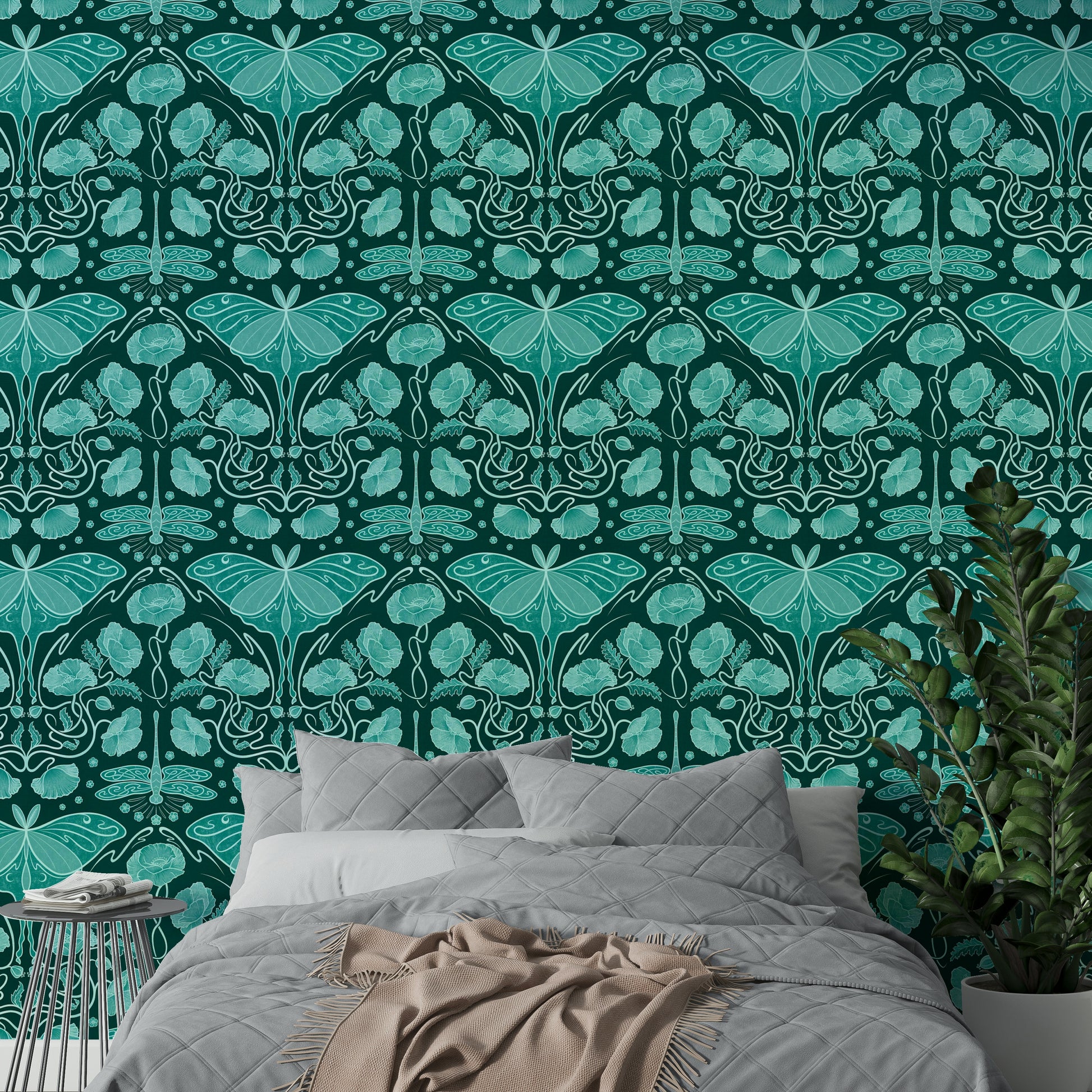 Teal wall mural with luna moth and flowers

