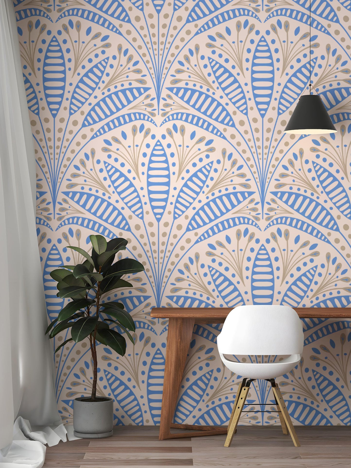 Elegant Artdeco Blue Palm Wallpaper in an office with a white chair and tall plant using premium canvas material.