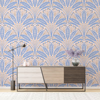 Artdeco Blue Palm Wallpaper behind a modern wooden sideboard in a living space using temporary material for renters.