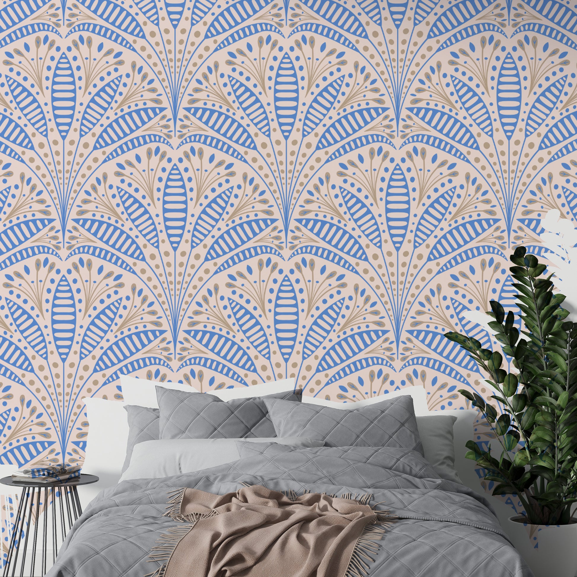 Sophisticated Artdeco Blue Palm Wallpaper on canvas material in a modern bedroom with neutral grey bedding.