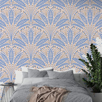 Sophisticated Artdeco Blue Palm Wallpaper on canvas material in a modern bedroom with neutral grey bedding.