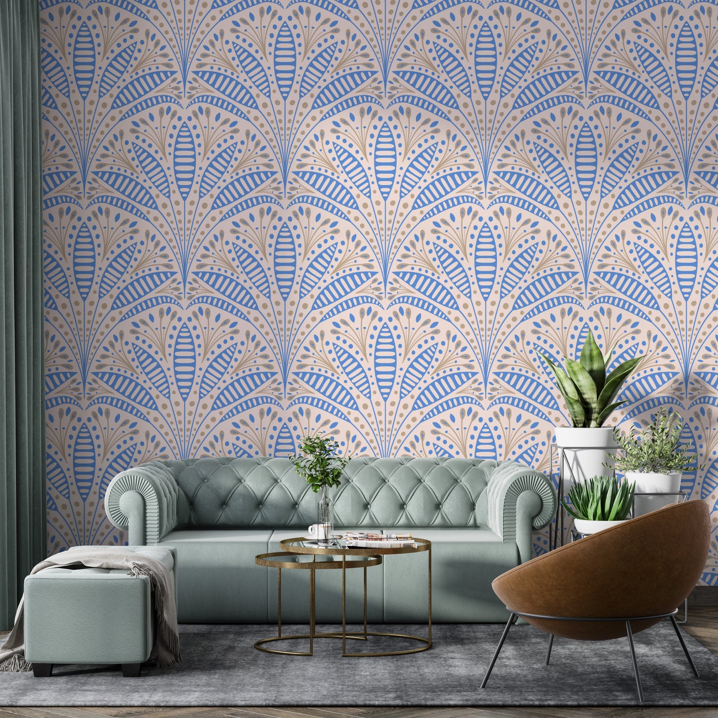 Artdeco Blue Palm Wallpaper in a living room with a green tufted sofa using premium peel and stick material.
