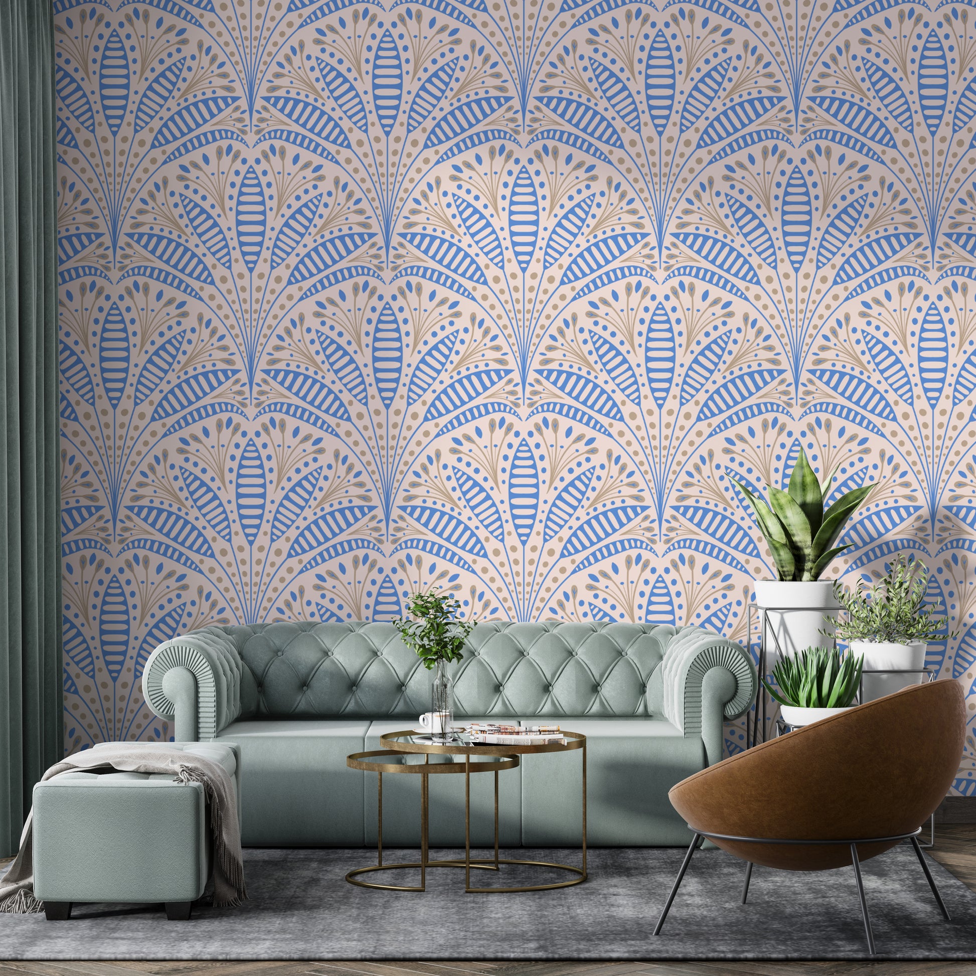 Artdeco Blue Palm Wallpaper in a living room with a green tufted sofa using premium peel and stick material.