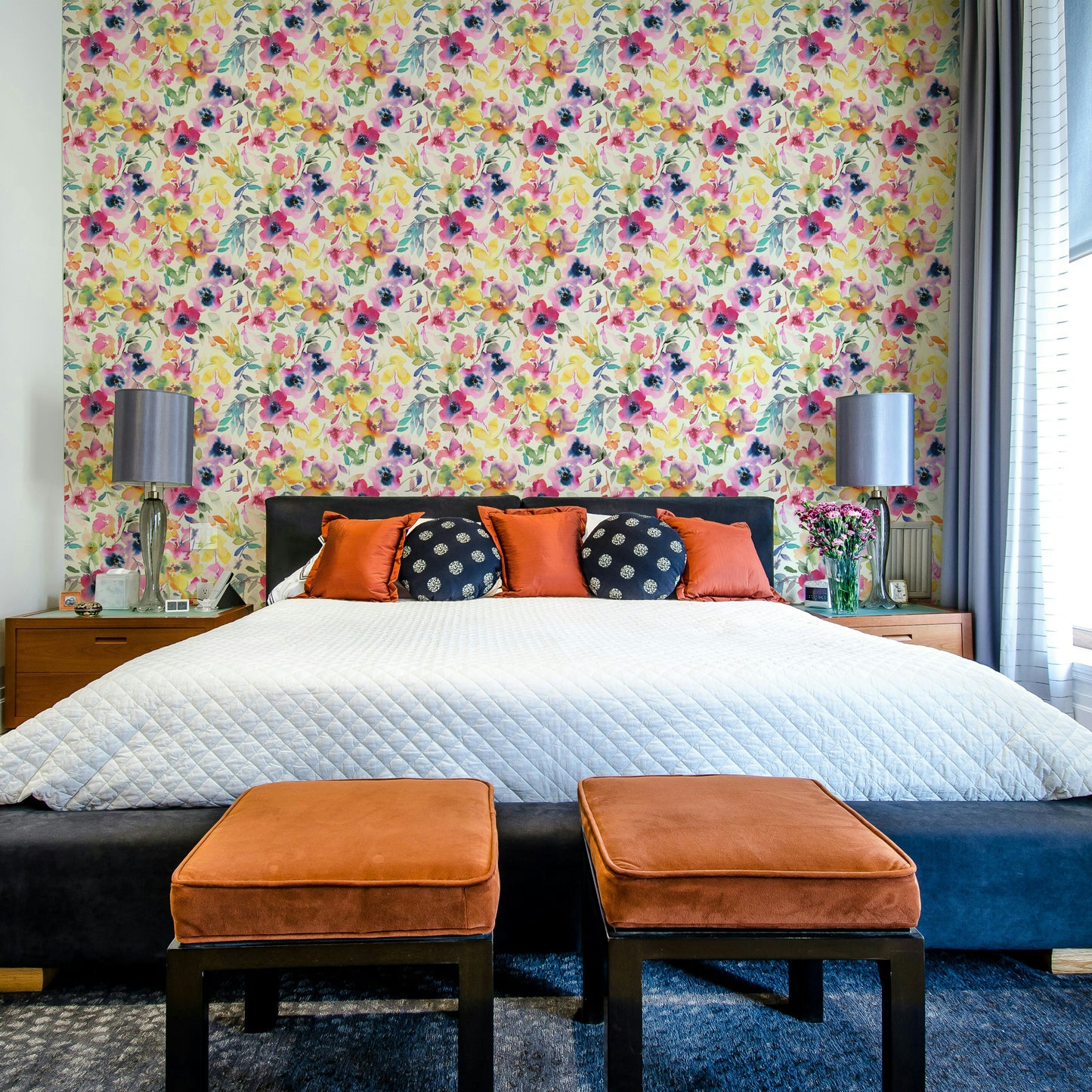 Vibrant floral mural wallpaper in summer colors

